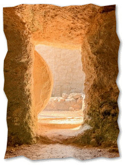 brightly lit empty tomb with stone rolled back
